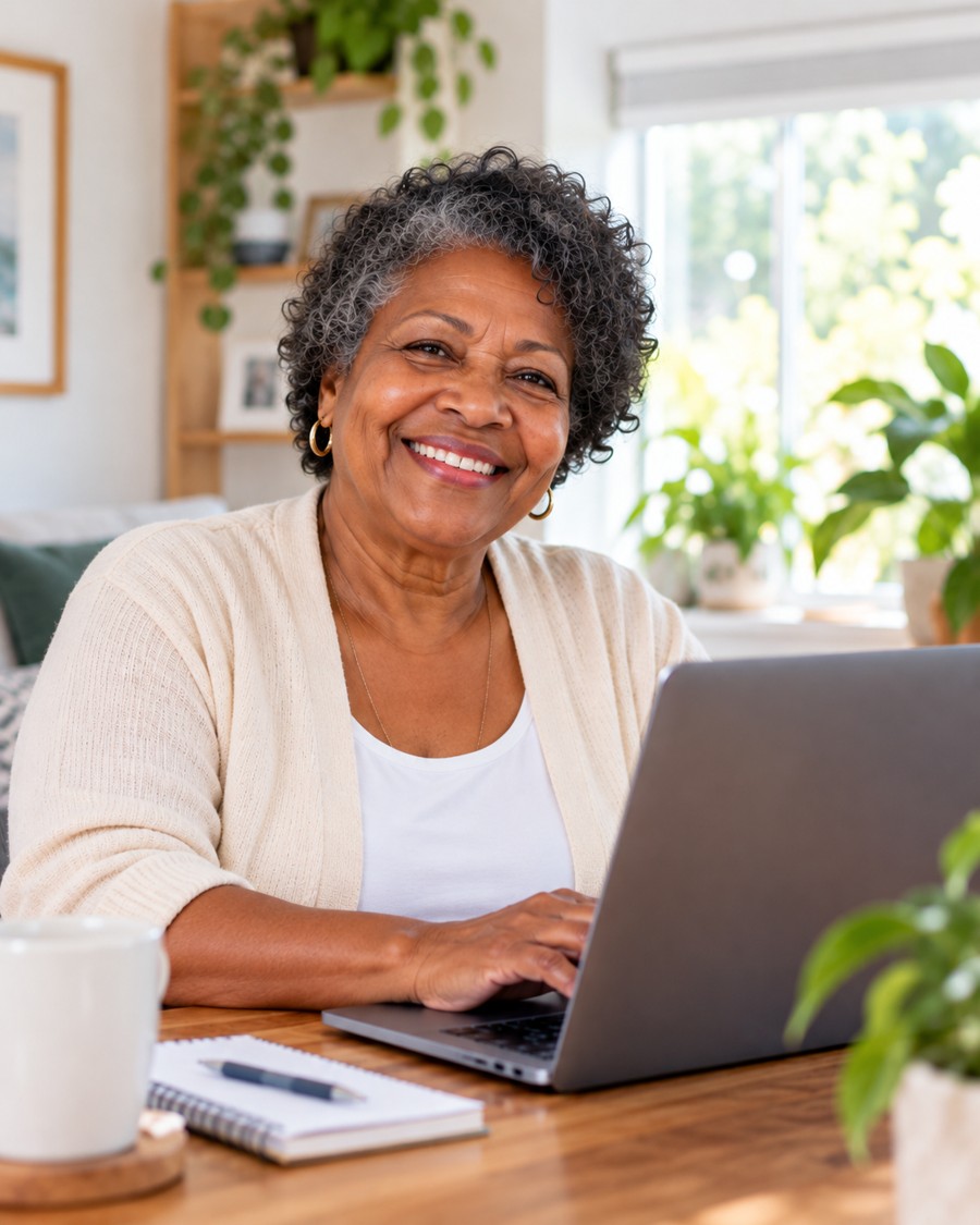 Senhora brasileira nos EUA acessando o Meu INSS no computador